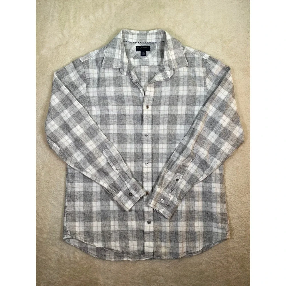 Banana Republic Mens Grey White Plaid Linen Cotton Button Down Shirt L 16-16.5